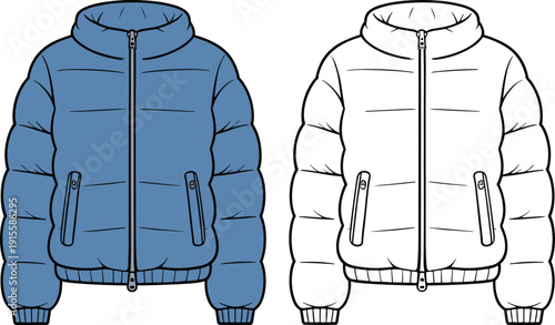 Winter puffer jacket technical fashion illustration front view flat drawing showing quilted insulated outerwear with zipper pockets ribbed cuffs modern cold weather apparel design