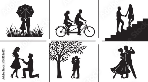Romantic couple silhouette scenes collection, proposal dancing cycling umbrella kiss love story vector illustration set
