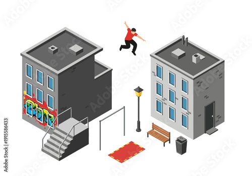 Person jumping between two buildings in an urban environment from an isometric viewpoint showing modern architecture and city life