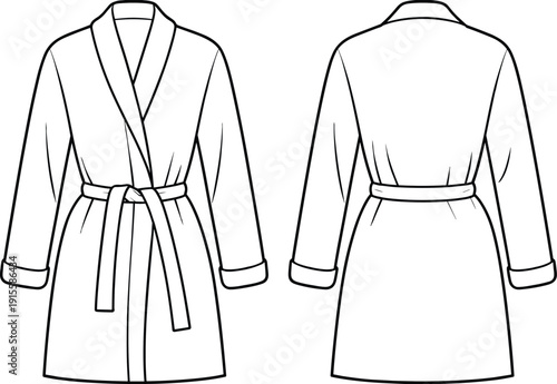 Women belted bathrobe front and back view technical fashion sketch, long sleeve spa robe outline isolated on white background vector illustration template
