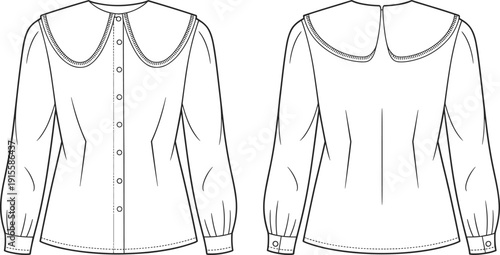 Women blouse technical fashion illustration front and back view flat line drawing with button placket long sleeves collar for apparel design production