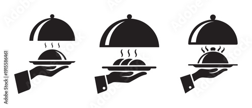 Restaurant Service Icons. Hand Holding Plates with Cloche Lids, Serving Food, Hot Steam, Catering, Gourmet Meal Presentation.