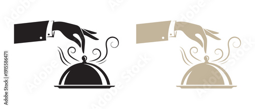 Elegant Hand Serving Food Cloche Icon, Restaurant Service, Fine Dining, Mystery Dish Presentation, Catering.