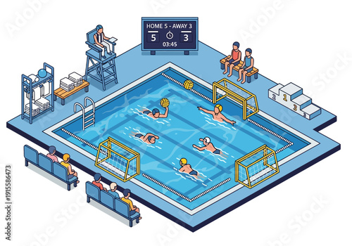 Water Polo Game in Progress at an Indoor Pool Facility with Spectators and Officials