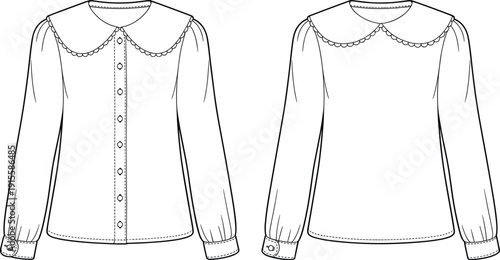 Women blouse technical fashion illustration front and back view flat line drawing with peter pan collar long sleeves for apparel design production use