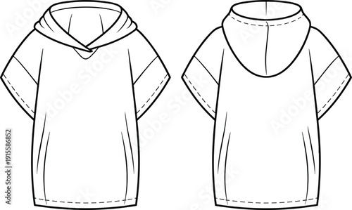 Women hooded dress technical fashion illustration front and back view flat line drawing short sleeve poncho style for casual apparel design production use