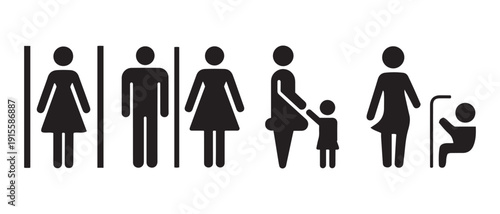 Diverse Human Icons. Men, Women, Family, Child, Accessible Toilet - Simple Black Silhouettes on White.
