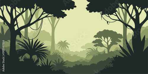 Lush tropical forest scene with layered foliage and soft light. Great for environmental campaigns, wildlife habitat themes, eco branding, and landscape design.