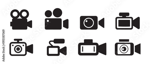 Collection of Black Camera Icons. Vintage, Modern, Action Cam & Camcorder Symbols.
