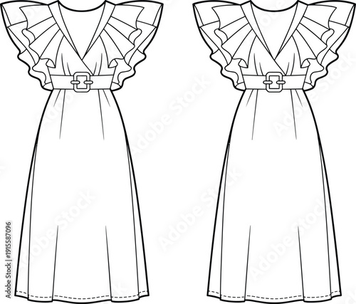 Women maxi dress technical fashion illustration front and back view flat line drawing with layered ruffle sleeves belted waist elegant long dress design for apparel production