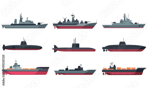 set of military ships and submarines with cargo vessels on transparent background