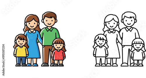 Happy Family of Four with Parents and Two Children Standing Together