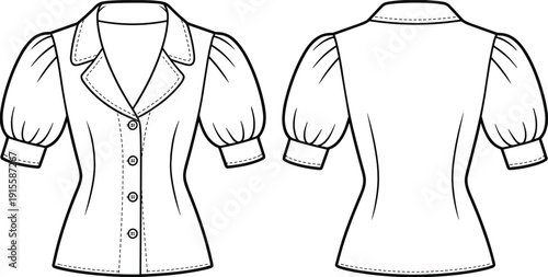 Women puff sleeve blouse front and back view technical fashion sketch, buttoned shirt outline isolated on white background vector illustration template