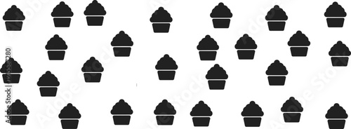Black silhouette illustration of thirty cupcakes arranged in three neat rows, showcasing uniform frosting and liner design, perfect for food, dessert, bakery, pattern, and educational concepts.