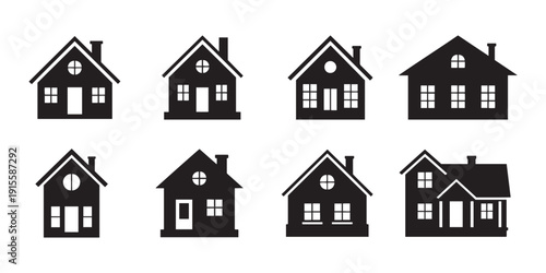 Collection of Diverse House Icons. with Different Rooflines and Window Styles on White Background.