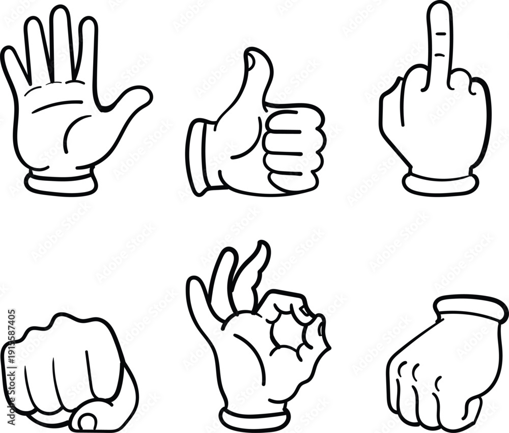Fototapeta premium Hand gesture doodle outline icon set