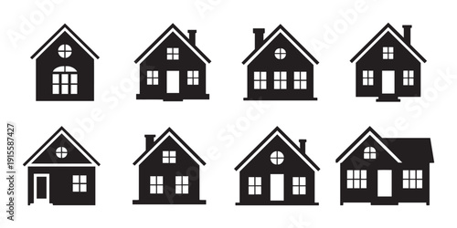 Collection of Diverse Black House Silhouettes, Simple Flat Icons for Real Estate and Architecture Concepts.