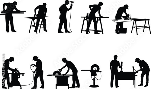 Woodworking and carpentry silhouettes set showing craftsmen using tools and machinery, representing manual labor, construction industry, workshop activities, skilled trades, and professional 