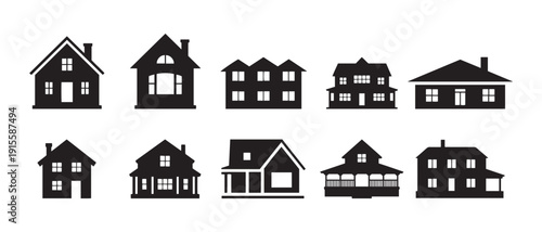 Collection of Black House Silhouettes. on White Background Residential Architecture Icons.