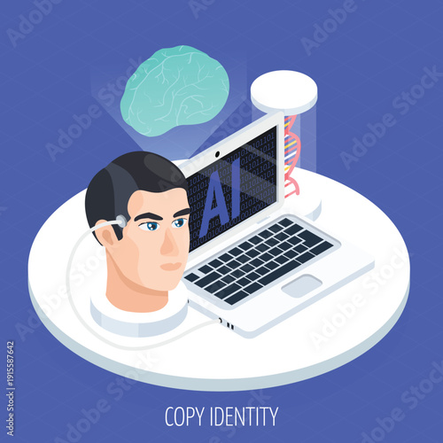 Isometric AI Illustration – "Copy Identity" Concept Featuring a Human Head Connected to a Laptop with Brain Projection and DNA Helix Representing Digital Cloning and Neural Research