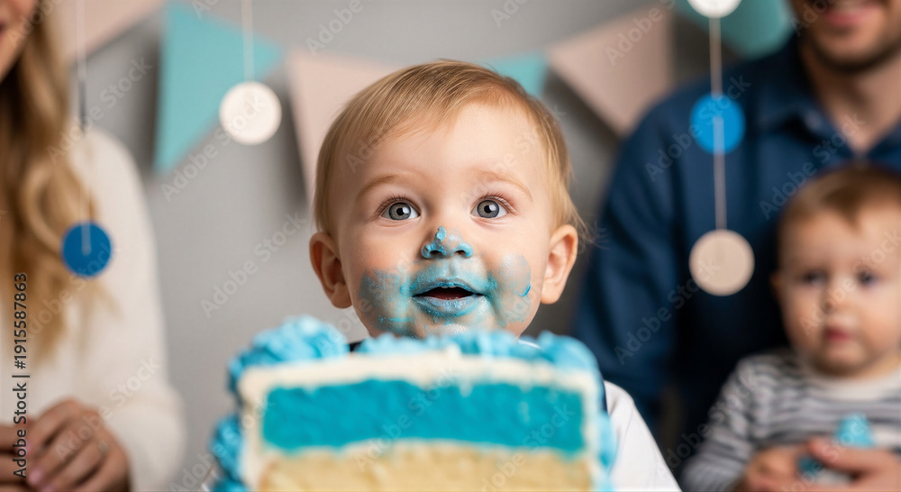 Fototapeta premium Adorable baby with blue frosting on face celebrating first birthday with cake smash