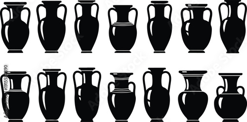 vase silhouette set, vase vector collection, diverse vase designs, ancient, ceramic, potter, amphora, . Ideal for interior design, art decor, elegant visuals