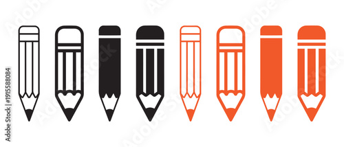 Collection of Pencils Icons. Black, White Outline, and Orange Variations for Design and Drawing Concepts.