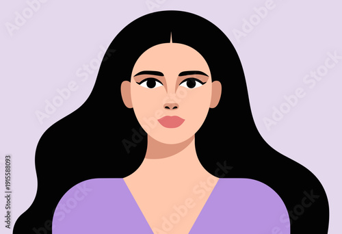 Confident Young Woman with Long Dark Hair in Soft Lavender Robe Against Gentle Lavender Background