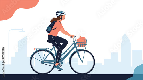 Confident young woman joyfully cycling a stylish bicycle with a front basket and helmet, traversing a vibrant city against a modern cityscape background, promoting urban biking.
