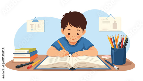 Diligent young boy happily studying at his desk, surrounded by books and various school supplies, symbolizing dedication to learning and academic growth.