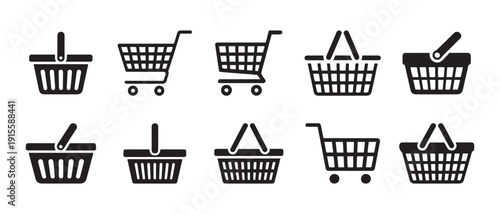Shopping Carts and Baskets Icons. Vector Illustration, Collection of E-commerce and Retail Icons for Online and Offline Stores.