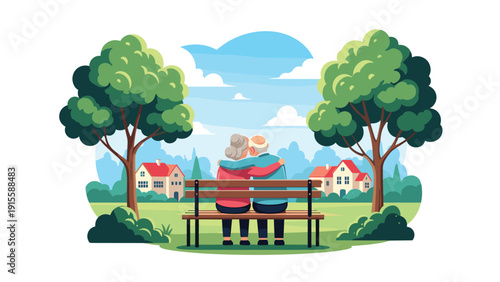 Loving elderly couple sits embracing on a park bench, enjoying a beautiful sunny day in a picturesque park with charming houses in the background, symbolizing enduring love.