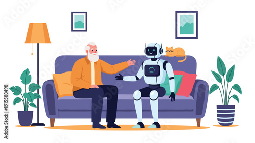 Elderly man and a friendly humanoid robot sit comfortably on a sofa, engaging in conversation, with a content cat nearby, illustrating modern companionship.