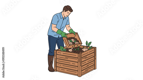 Man diligently composting organic waste in a wooden compost bin, wearing protective gloves, actively contributing to sustainable living and gardening.