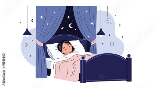 Peaceful young girl sleeping soundly in a cozy canopy bed adorned with twinkling stars, dreaming under a serene night sky, symbolizing calm and sweet dreams.