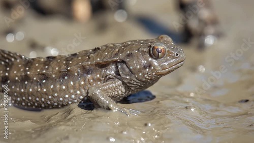Wildlife scene of a mudskipper on a muddy beach with a close-up viewpoint