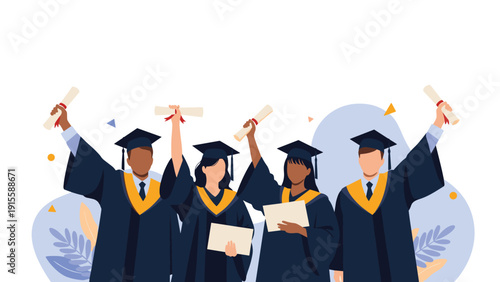 Joyful group of diverse graduates in academic caps and gowns, happily raising their diplomas in celebration, symbolizing collective achievement and success.