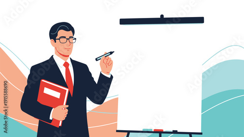 Professional businessman in a sharp suit, holding a pen and folder, standing confidently next to a blank flipchart, ready to present new ideas.