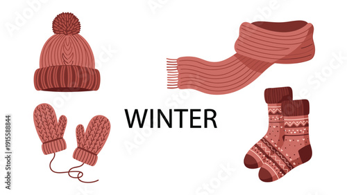 Cozy collection of essential winter clothing items including a knitted hat, warm scarf, matching mittens, and comfortable socks, ready for cold weather.