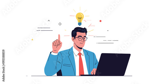 Insightful businessman happily working at a laptop, with a glowing lightbulb appearing above his head, symbolizing a brilliant new idea or sudden inspiration.