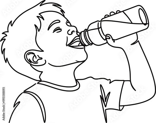 Black and white illustration of a boy drinking from a bottle isolated on transparent background