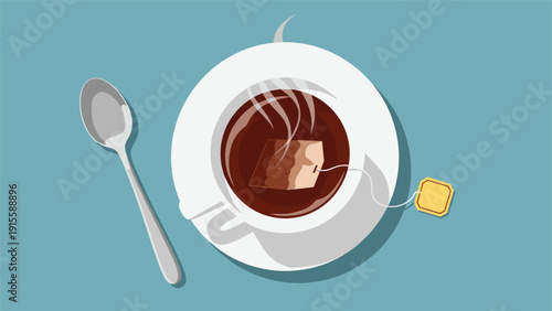Aromatic cup of freshly brewed tea with a teabag steeping, accompanied by a silver spoon, elegantly placed on a calming blue surface, depicting relaxation.