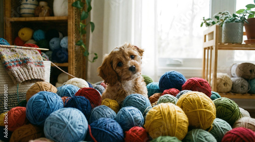 Adorable Cavapoo Puppy Amongst a Colorful Assortment of Yarn Balls