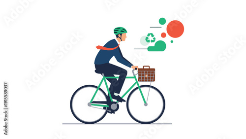 Environmentally conscious businessman cycling actively to work, wearing a helmet and carrying a briefcase, with recycling icons in the background, promoting green commute.