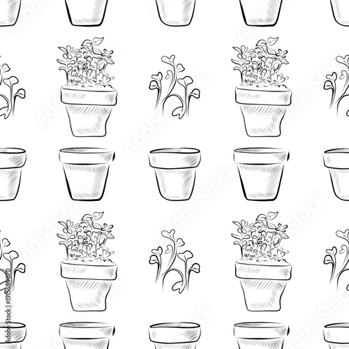 Seamless pattern of linear drawings of a pot with sprouts and peas. Minimalistic