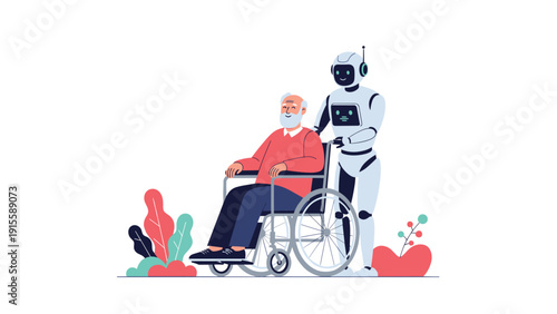 Advanced humanoid robot empathetically pushing an elderly man in a wheelchair, illustrating compassionate assistance and the future of senior care technology.