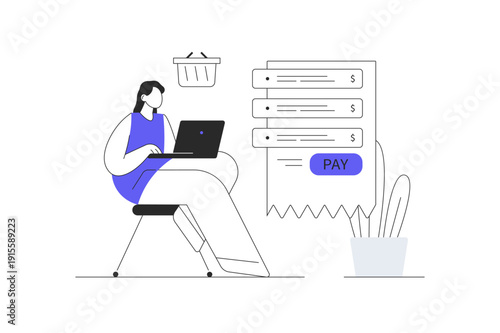 Virtual finance. Online banking. Woman making online shopping, ordering and paying of digital check. Flat Cartoon Vector Illustration, icon Stylish abstract design landing page web