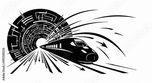 Sleek modern train speeding through a futuristic tunnel with dynamic light trails.