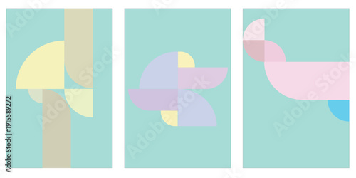 Abstract pastel geometric shapes on a light blue background.