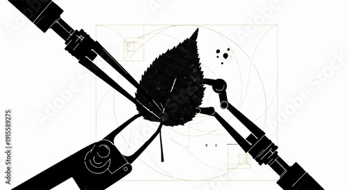 Precise robotic arms delicately hold a single leaf against a backdrop of geometric designs.